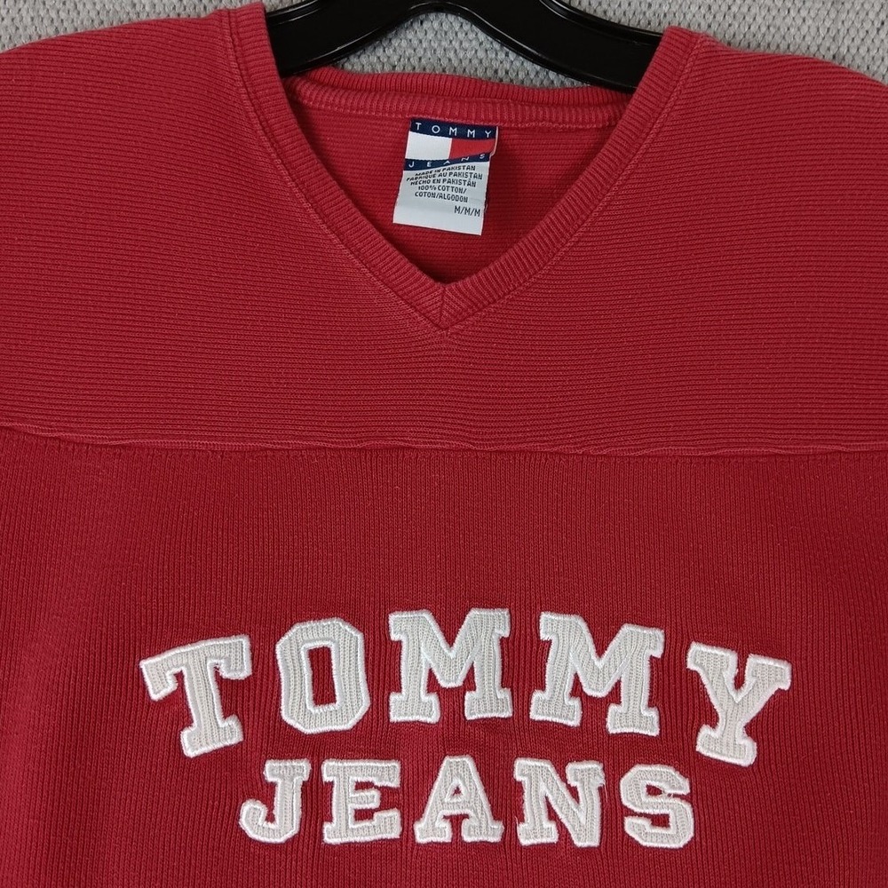 Vintage Tommy Jeans Raglan Thermal Sweatshirt Mens Medium Red Patched‎ Spell Out